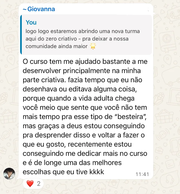 Giovanna: voltou a desenhar e a se dedicar à parte criativa