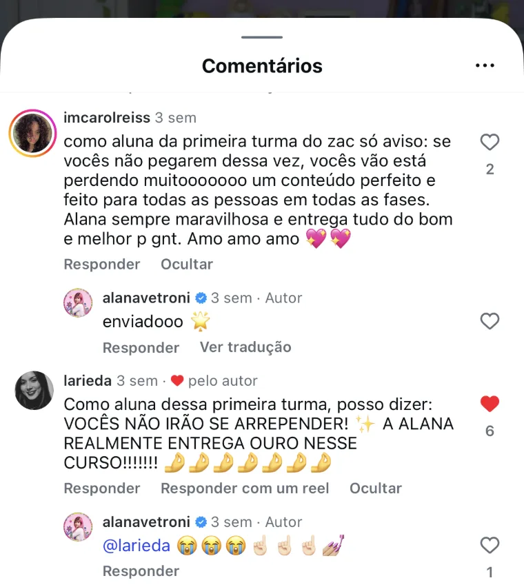 Comentários no Instagram de alunas da primeira turma recomendando o curso
