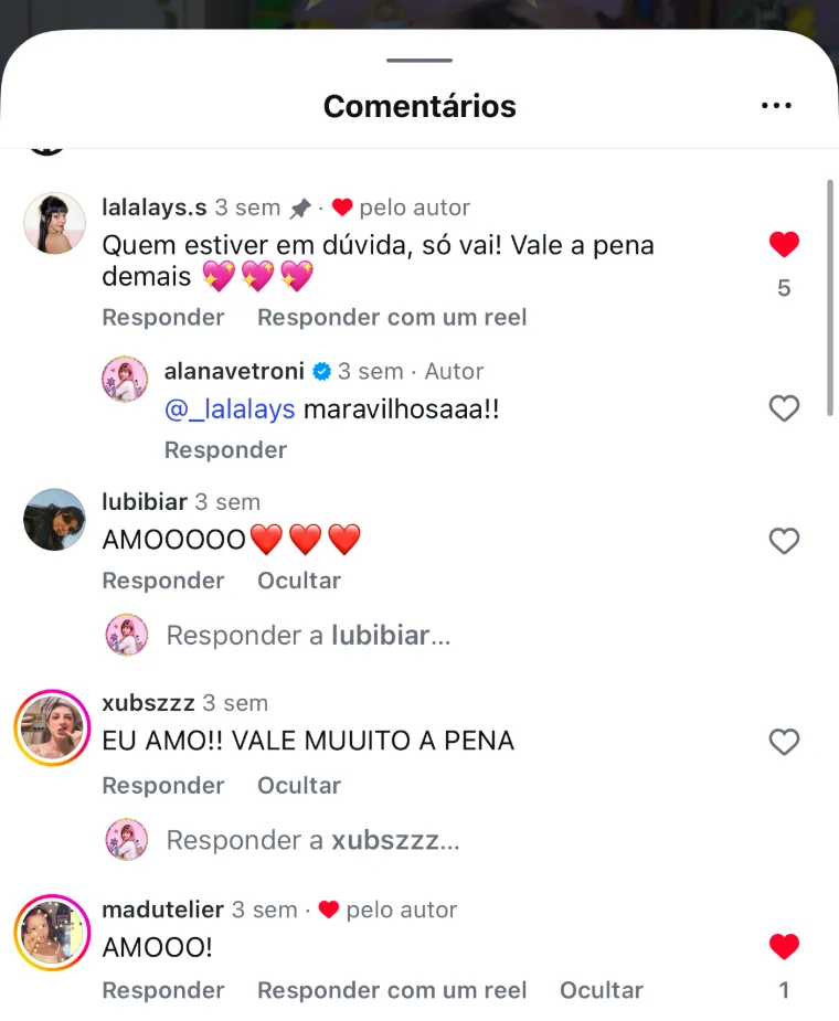 Comentários no Instagram: “quem estiver em dúvida, só vai! Vale a pena demais”