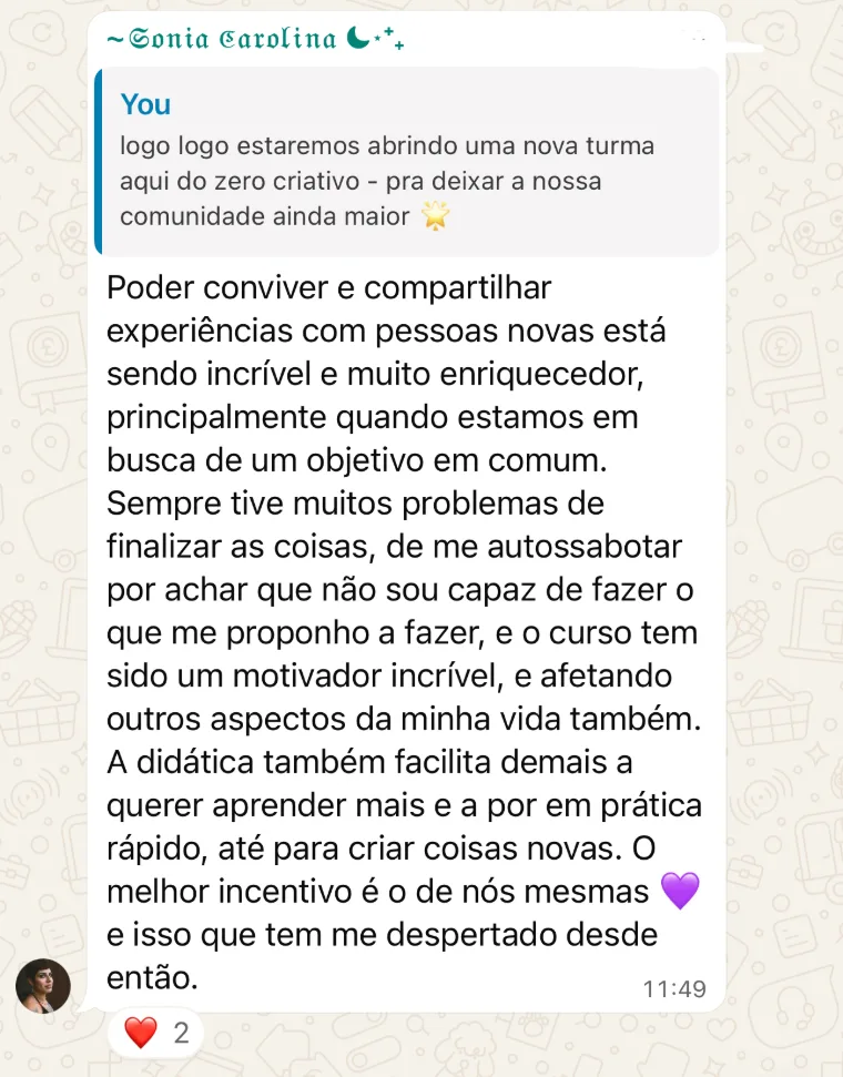 Sonia Carolina: o curso virou um motivador incrível contra a autossabotagem